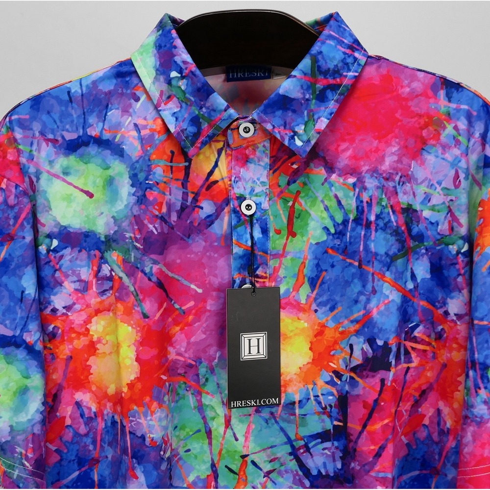 NEW Hreski Multi Color Paint Splatter Performance Golf Polo Shirt Mens XL NWT